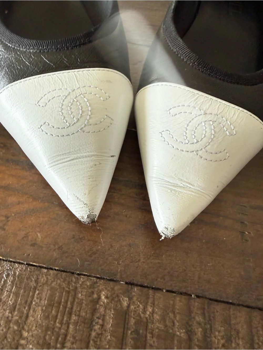 CHANEL Black Leather Flats with White Pointed Cap Toe Blazy collection 8.5